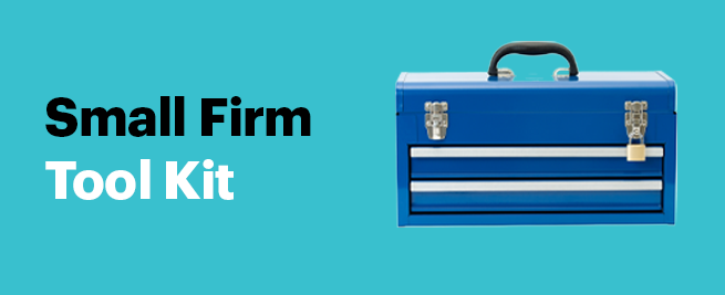 Blue two-drawer metal toolbox with handle and padlock on teal background, with text "Small Firm Tool Kit" at left.