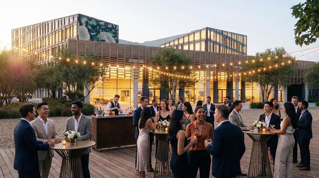 CalCPA Women's Leadership Forum 2027, Outdoor evening event with people mingling around cocktail tables, lit by string lights. A modern building with large windows is in the background.