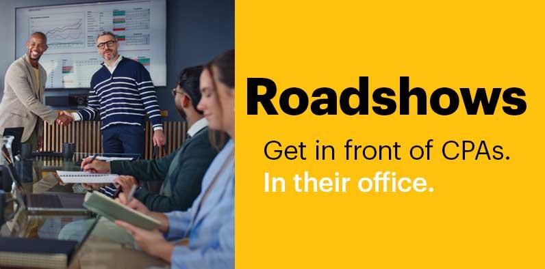 Two men shaking hands in a conference room. Text reads "Roadshows: Get in front of CPAs. In their office."